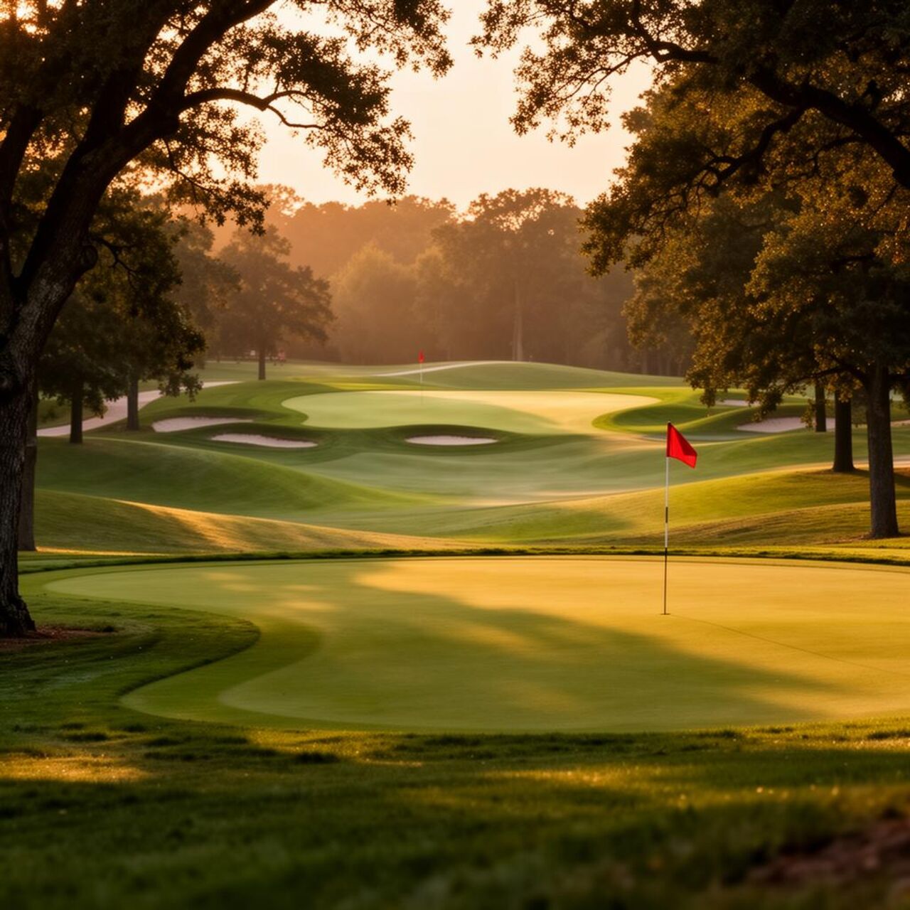 Manicured fairway and green at Greenbrier Country Club at golden hour